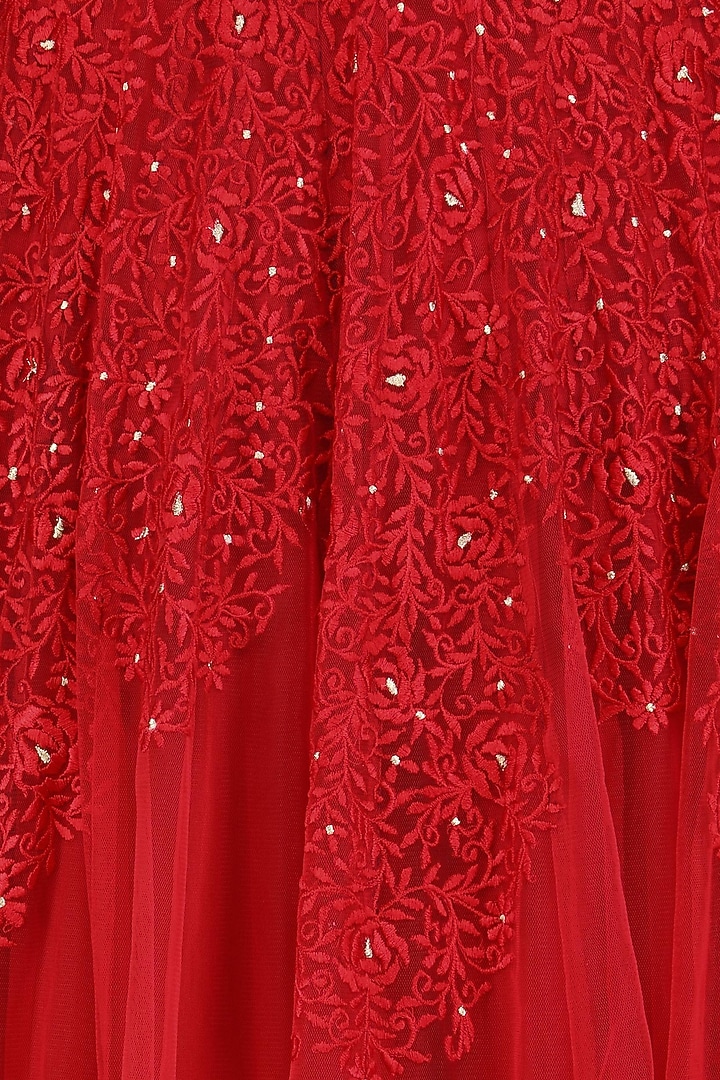 Red anarkali kurta with floral embroidered net jacket available only at Pernia's Pop Up Shop.