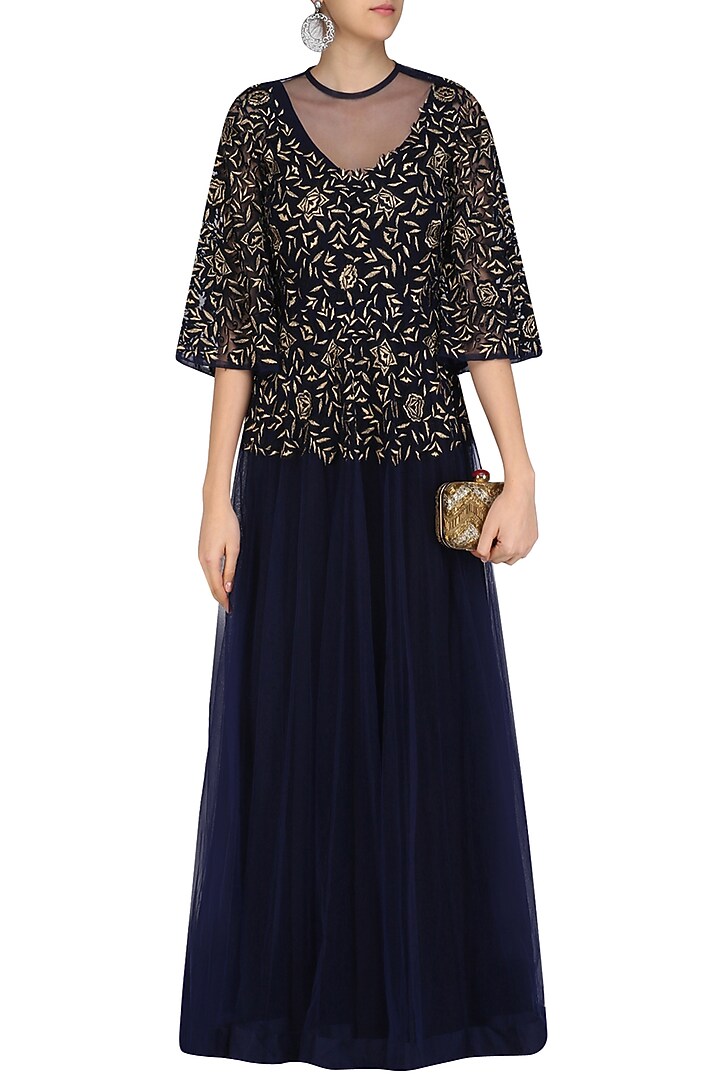 Navy blue anarkali kurta and floral embroidered jacket set available only at Pernia's Pop Up Shop.