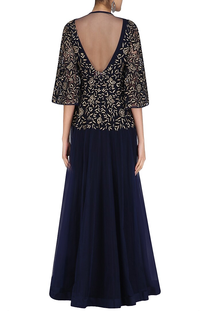 Navy blue anarkali kurta and floral embroidered jacket set available only at Pernia's Pop Up Shop.