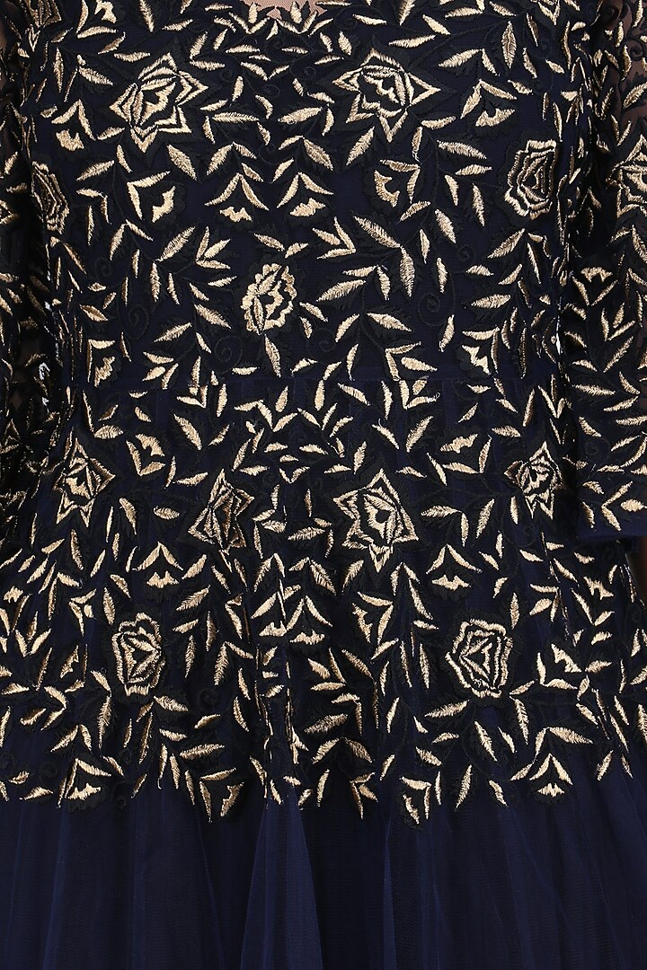 Navy blue anarkali kurta and floral embroidered jacket set available only at Pernia's Pop Up Shop.
