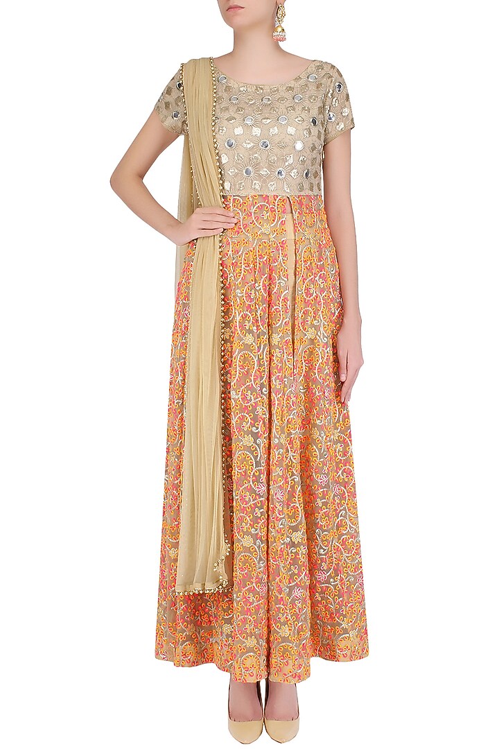 Beige mirror work and floral embroidered anarkali set with dhoti pants available only at Pernia's Pop Up Shop.
