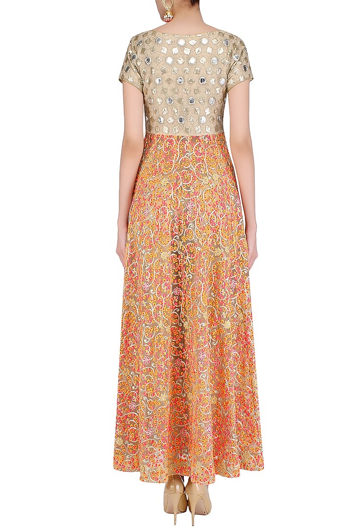 Beige mirror work and floral embroidered anarkali set with dhoti pants available only at Pernia's Pop Up Shop.