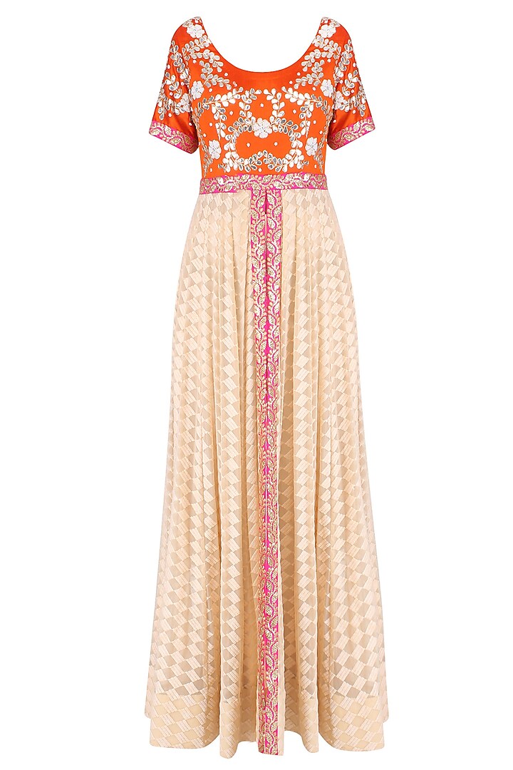 Beige and orange front open kalidaar anarkali with pants available only at Pernia's Pop Up Shop.