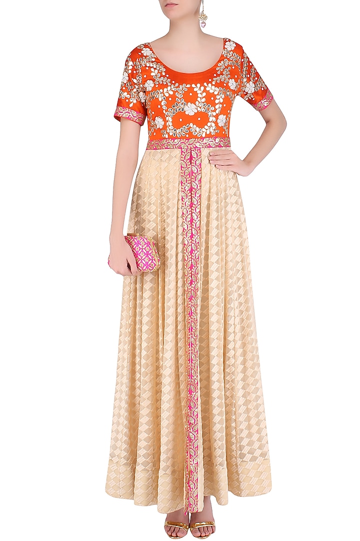 Beige and orange front open kalidaar anarkali with pants available only at Pernia's Pop Up Shop.