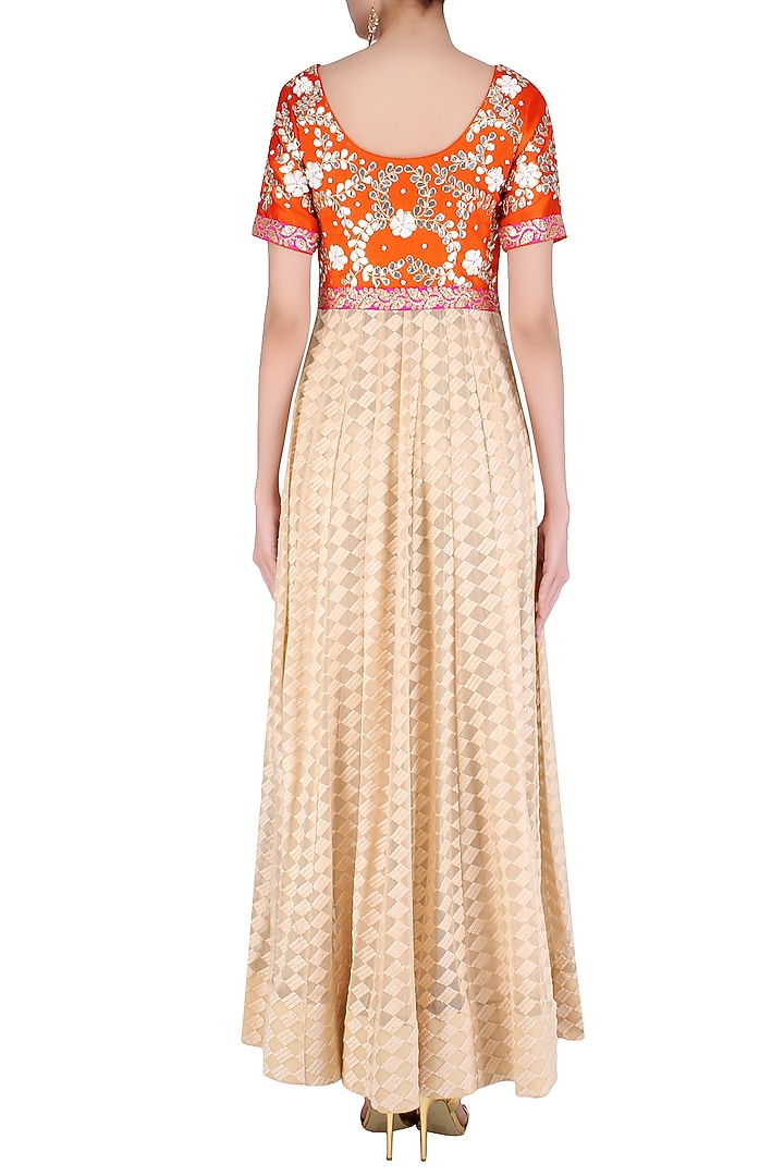 Beige and orange front open kalidaar anarkali with pants available only at Pernia's Pop Up Shop.