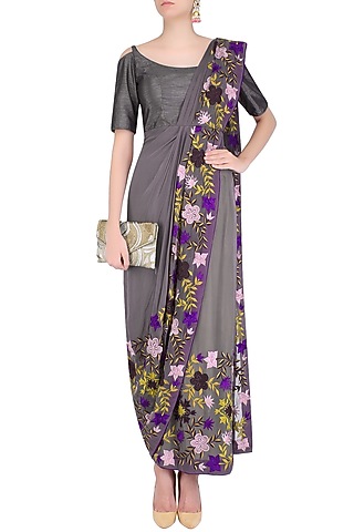 Grey Floral Embroidered Concept Saree by Jhunjhunwala