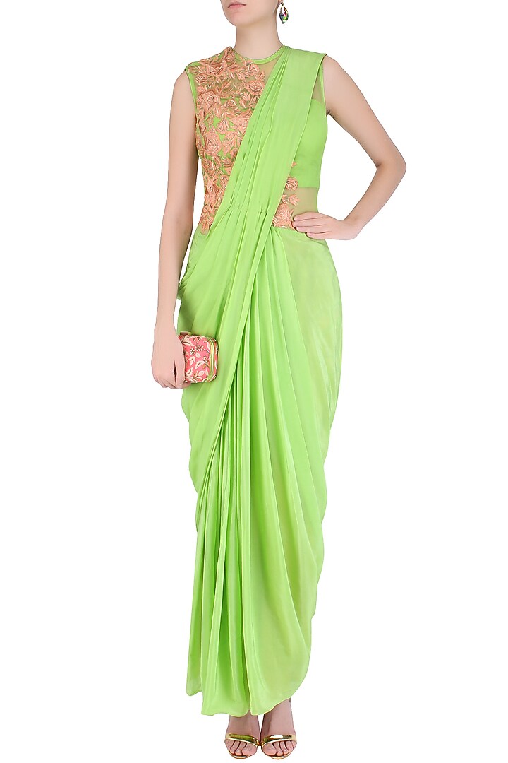 Lime green floral embroidered concept saree available only at Pernia's Pop Up Shop.