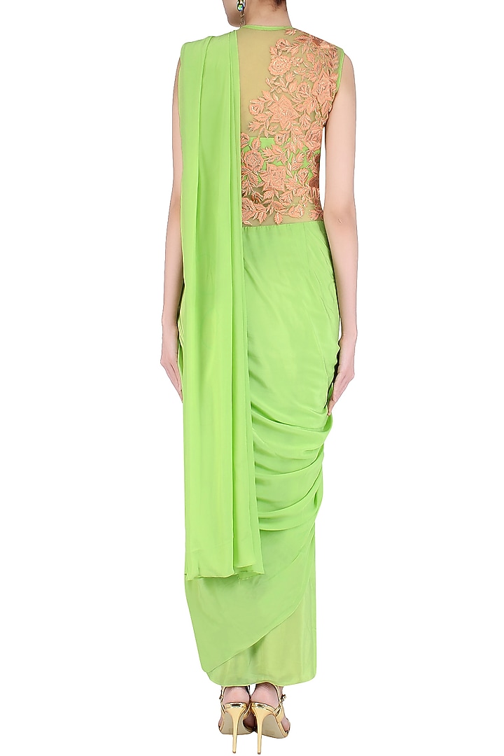 Lime green floral embroidered concept saree available only at Pernia's Pop Up Shop.