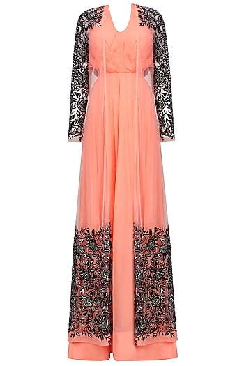 Peach ruched anarkali set with floral embroidered A-line jacket ...