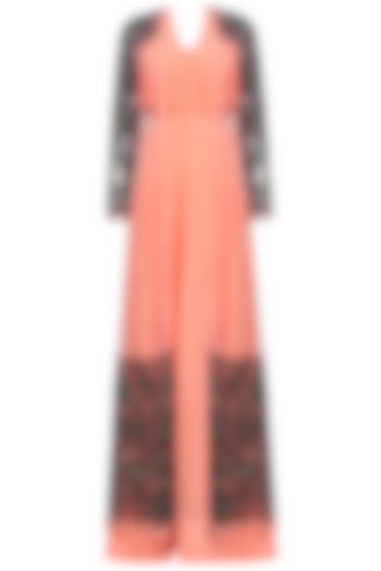 Peach ruched anarkali set with floral embroidered A-line jacket available only at Pernia's Pop Up Shop.
