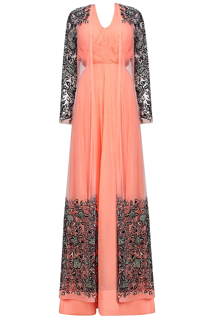 Peach Ruched Anarkali Set With Floral Embroidered A-Line Jacket by Jhunjhunwala