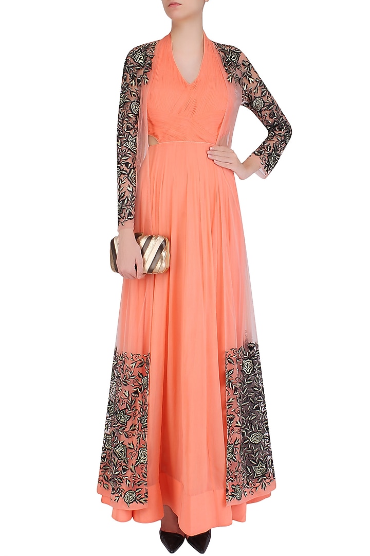 Peach ruched anarkali set with floral embroidered A-line jacket available only at Pernia's Pop Up Shop.