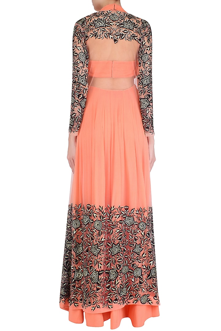 Peach ruched anarkali set with floral embroidered A-line jacket available only at Pernia's Pop Up Shop.