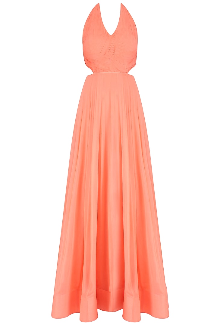 Peach ruched anarkali set with floral embroidered A-line jacket available only at Pernia's Pop Up Shop.