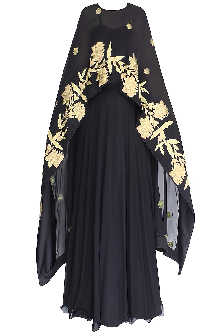 Black Pleated Anarkali With Floral Embroidered Cape by Jhunjhunwala
