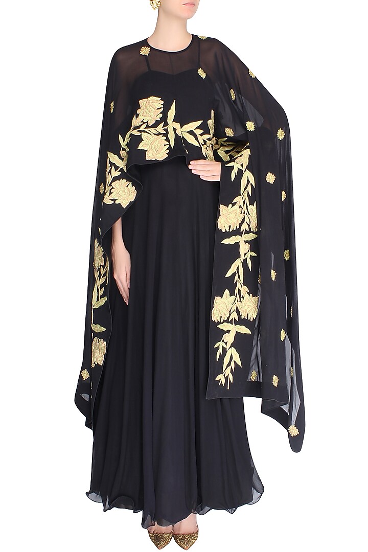 Black pleated anarkali with floral embroidered cape available only at Pernia's Pop Up Shop.