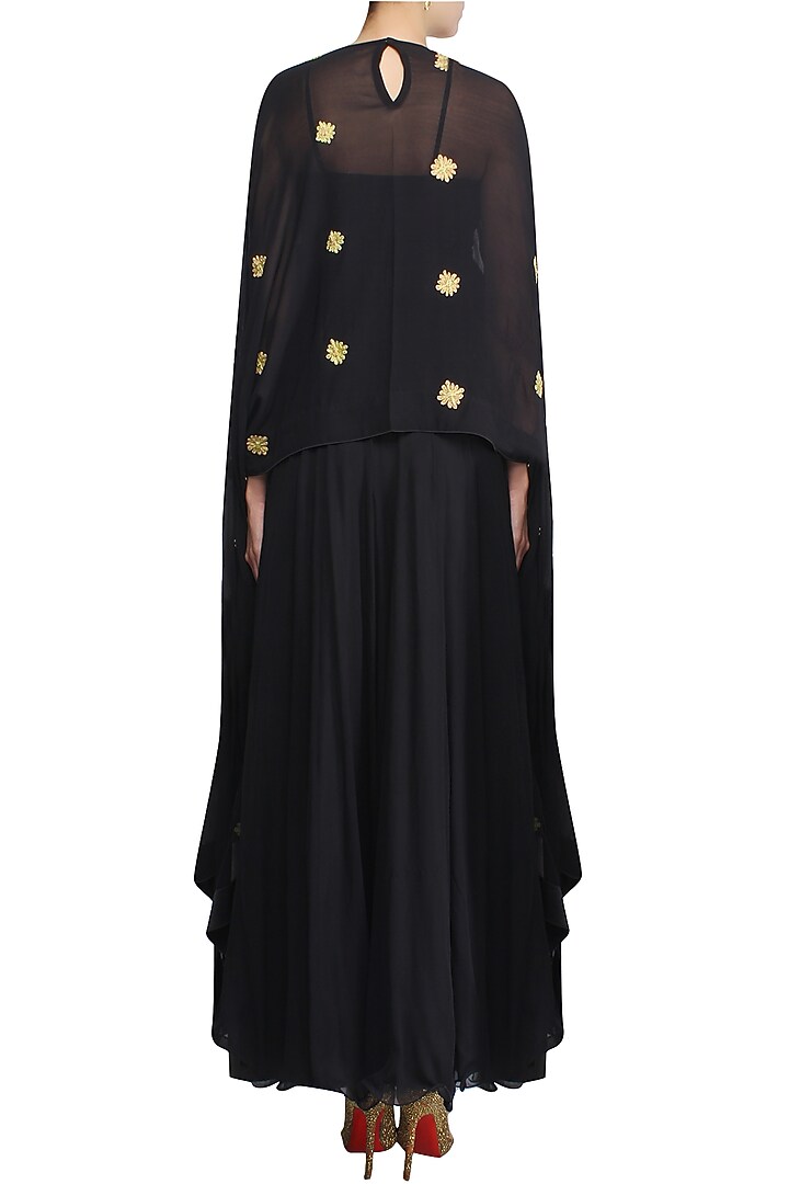 Black pleated anarkali with floral embroidered cape available only at Pernia's Pop Up Shop.
