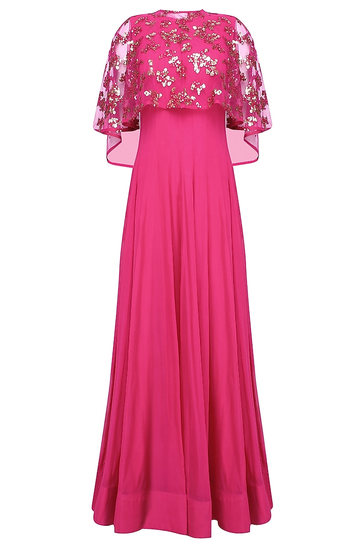 Hot pink anarkali set with hand embroidered asymmetric cape available only at Pernia's Pop Up Shop.