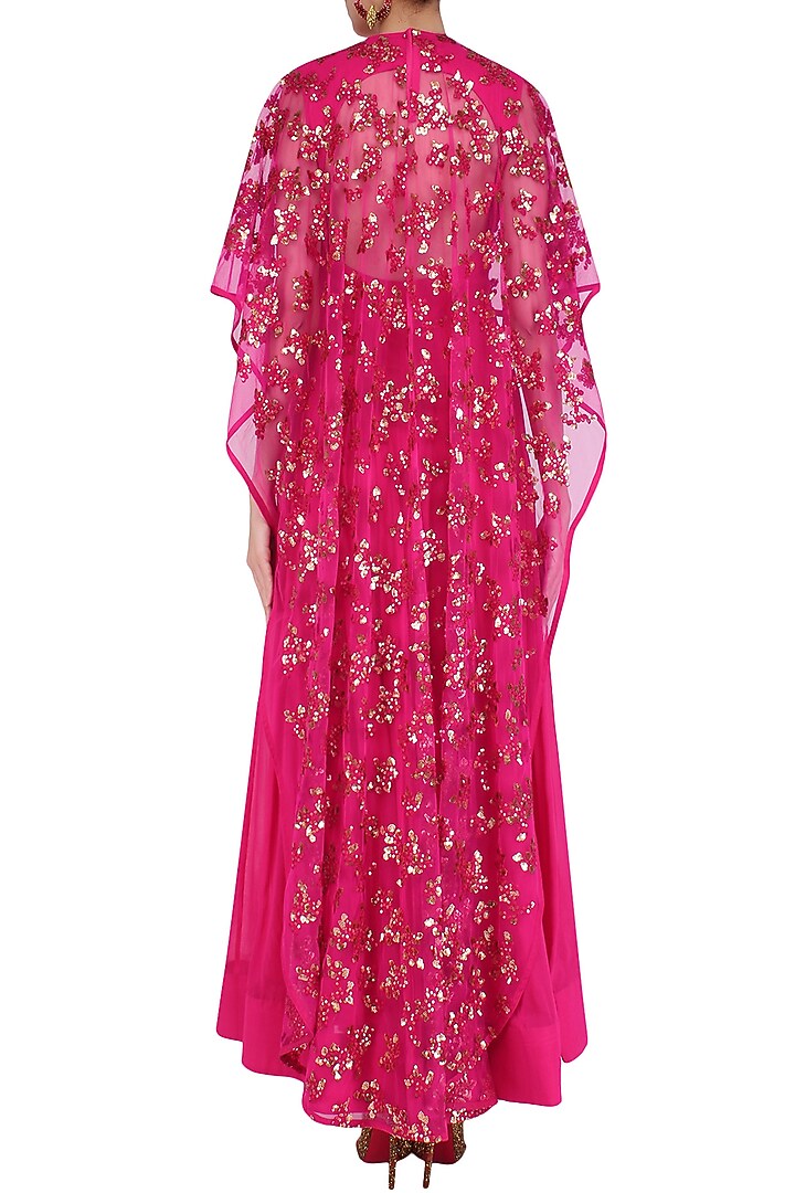 Hot pink anarkali set with hand embroidered asymmetric cape available only at Pernia's Pop Up Shop.