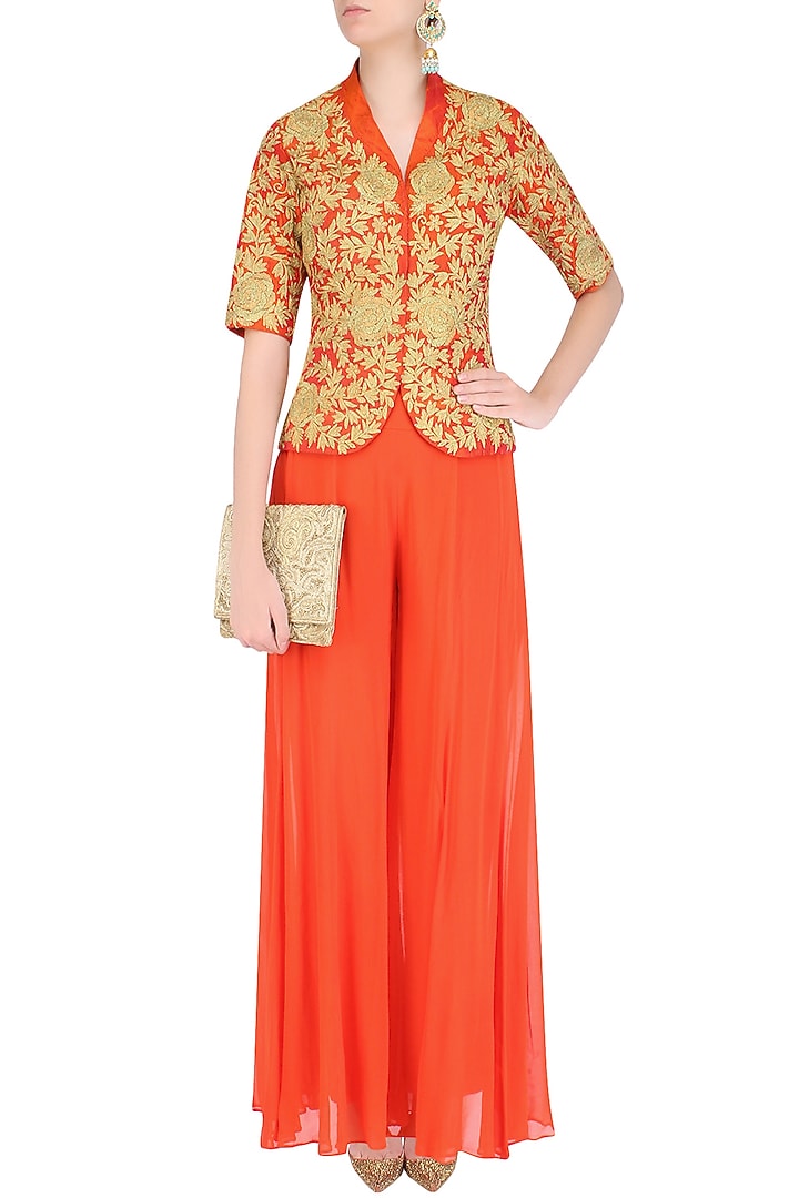 Orange and gold dori embroidered jacket with palazzo pants available only at Pernia's Pop Up Shop.