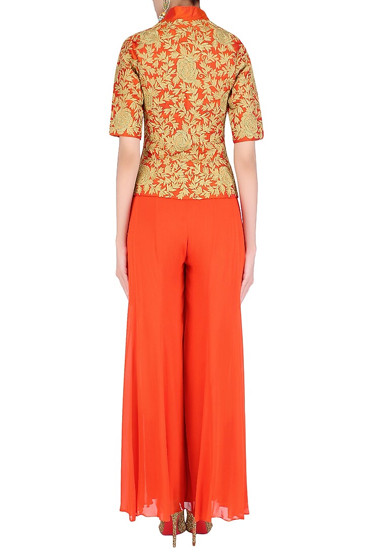 Orange and gold dori embroidered jacket with palazzo pants available only at Pernia's Pop Up Shop.