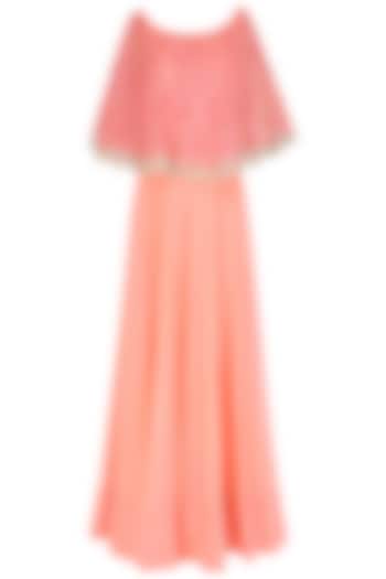 Peach Pleated Anarkali Set With Floral Embroidered Cape by Jhunjhunwala