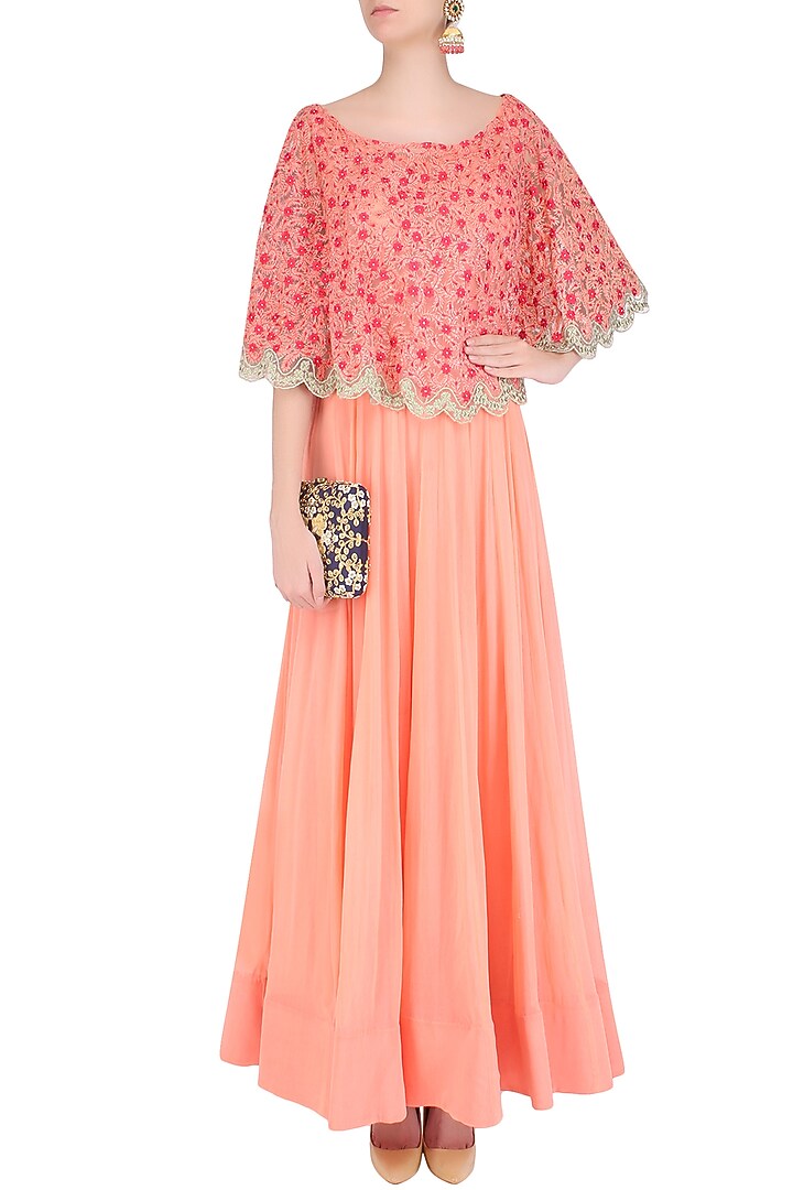 Peach pleated anarkali set with floral embroidered cape available only at Pernia's Pop Up Shop.