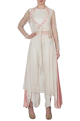 White embellished jacket with top and drape pants by Shreya Jalan Mehta