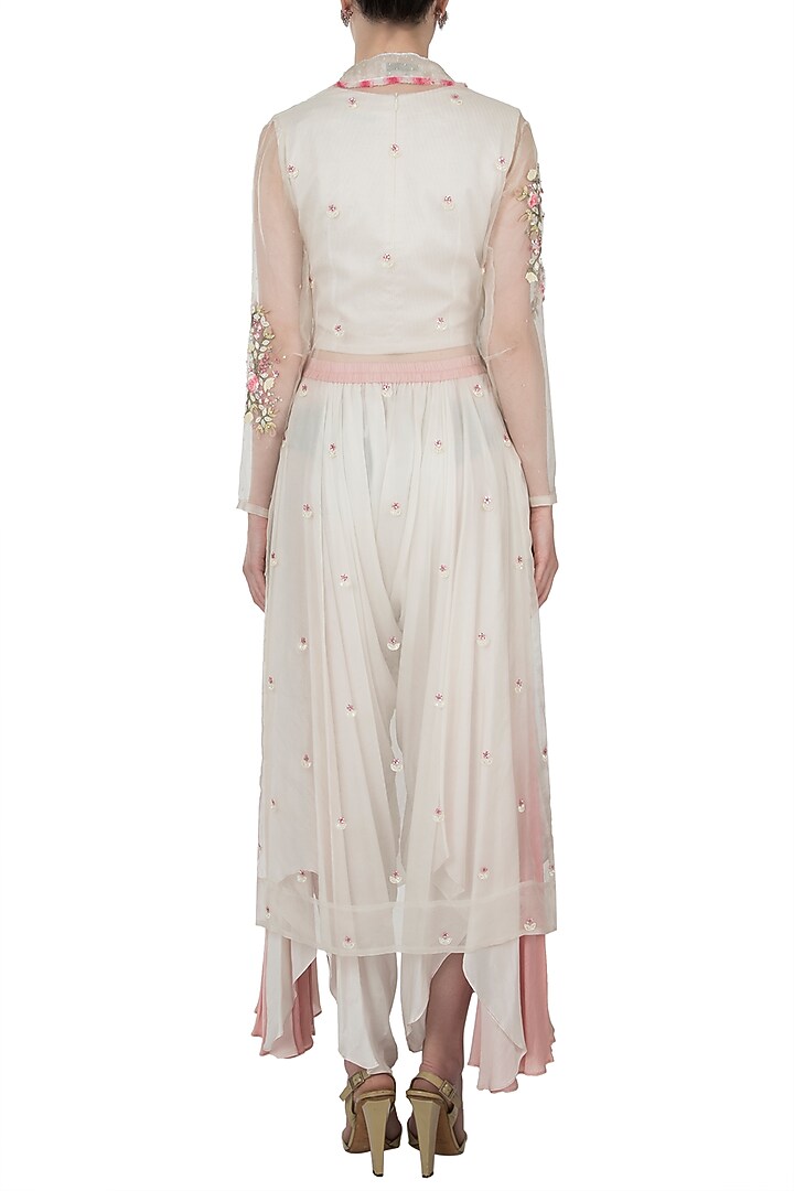 White embellished jacket with top and drape pants by Shreya Jalan Mehta at Pernia's Pop Up Shop