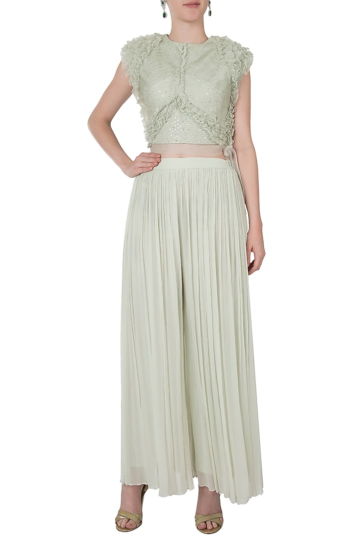 Mint green ruffled top with pants by Shreya Jalan Mehta at Pernia's Pop Up Shop