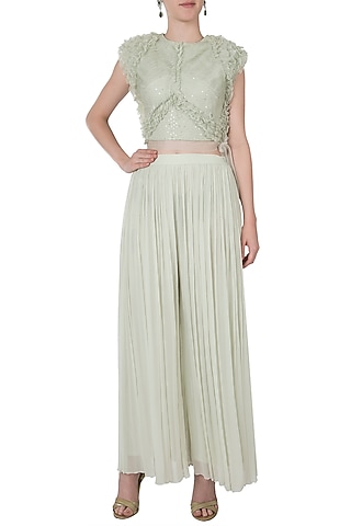 Mint green ruffled top with pants by Shreya Jalan Mehta