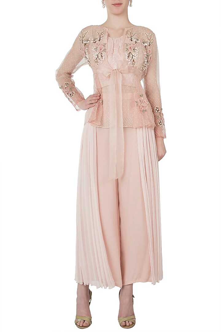 Peach ombre embellished jacket with bustier and pants by Shreya Jalan Mehta at Pernia's Pop Up Shop