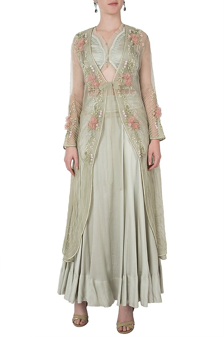 Light olive embroidered jacket with crop top and skirt by Shreya Jalan Mehta at Pernia's Pop Up Shop