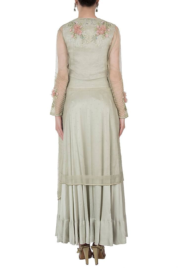 Light olive embroidered jacket with crop top and skirt by Shreya Jalan Mehta at Pernia's Pop Up Shop