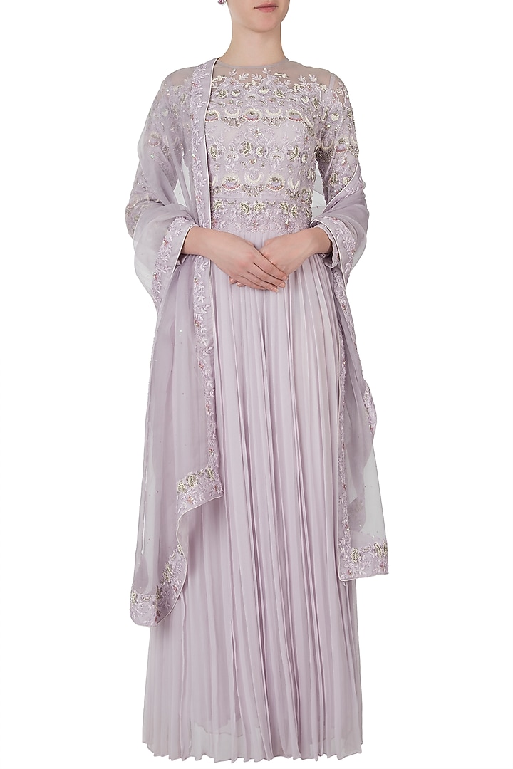 Misty lavender embroidered Wedding Anarkali gown with dupatta by Shreya Jalan Mehta at Pernia's Pop Up Shop