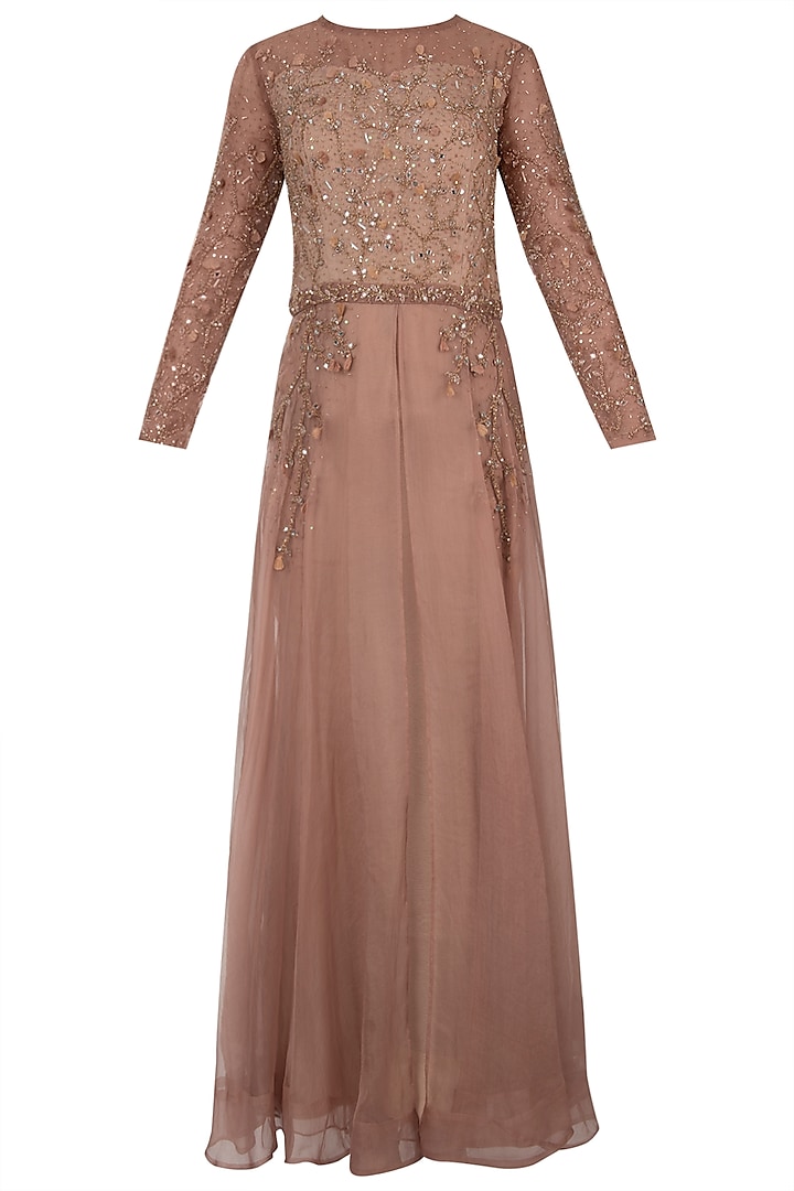 Rustic brown embellished anarkali gown by Shreya Jalan Mehta