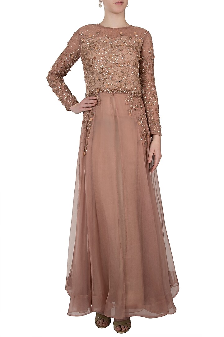 Rustic brown embellished Wedding Anarkali gown by Shreya Jalan Mehta at Pernia's Pop Up Shop