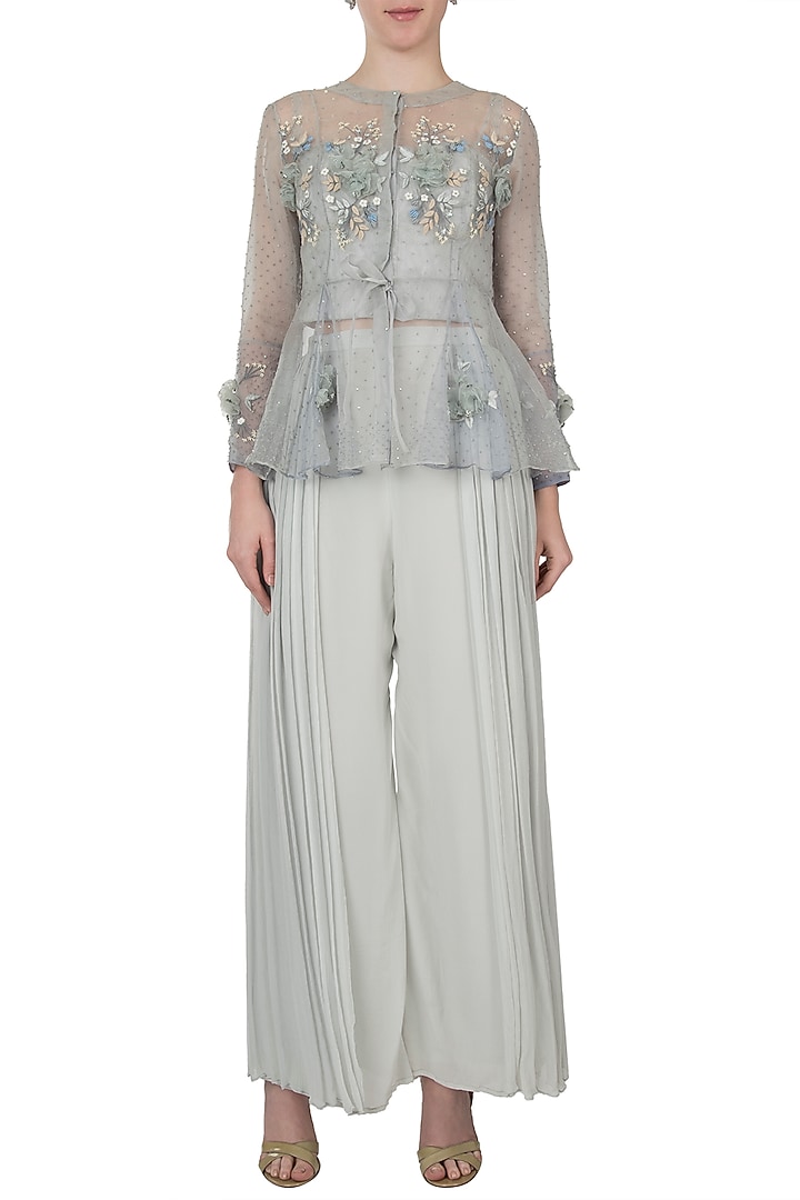 Sky blue and lavender ombre embellished jacket with bustier and pants by Shreya Jalan Mehta at Pernia's Pop Up Shop