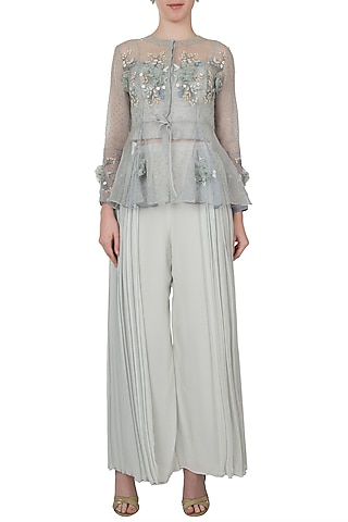 Sky blue and lavender ombre embellished jacket with bustier and pants by Shreya Jalan Mehta