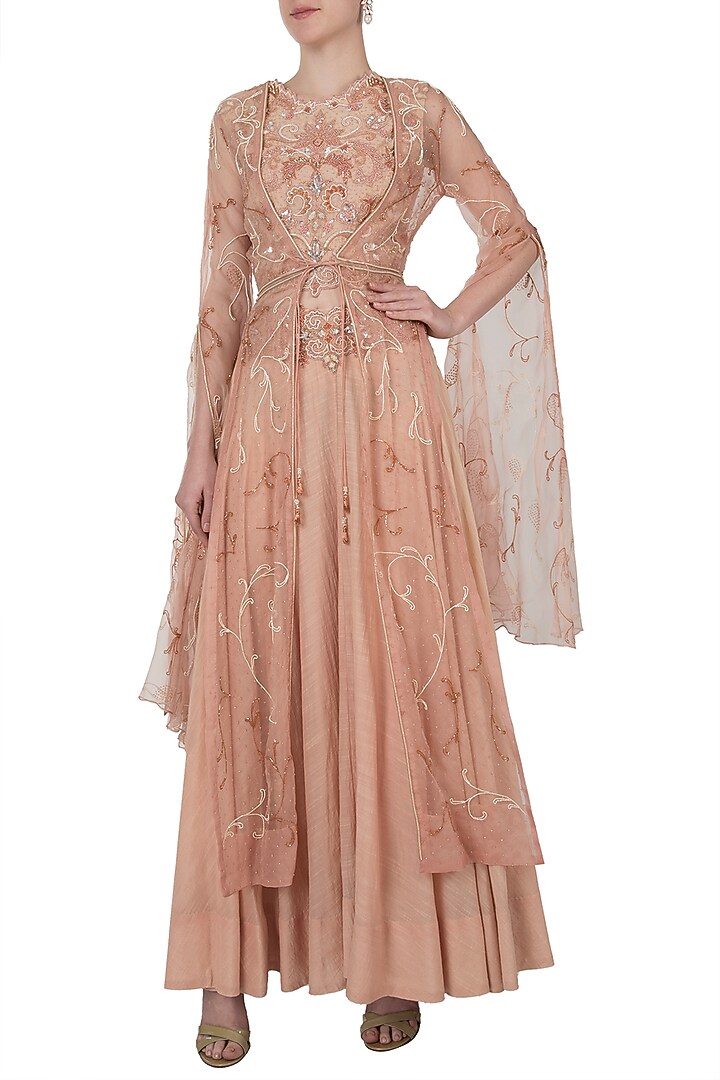 Apricot embroidered top and jacket with skirt by Shreya Jalan Mehta at Pernia's Pop Up Shop