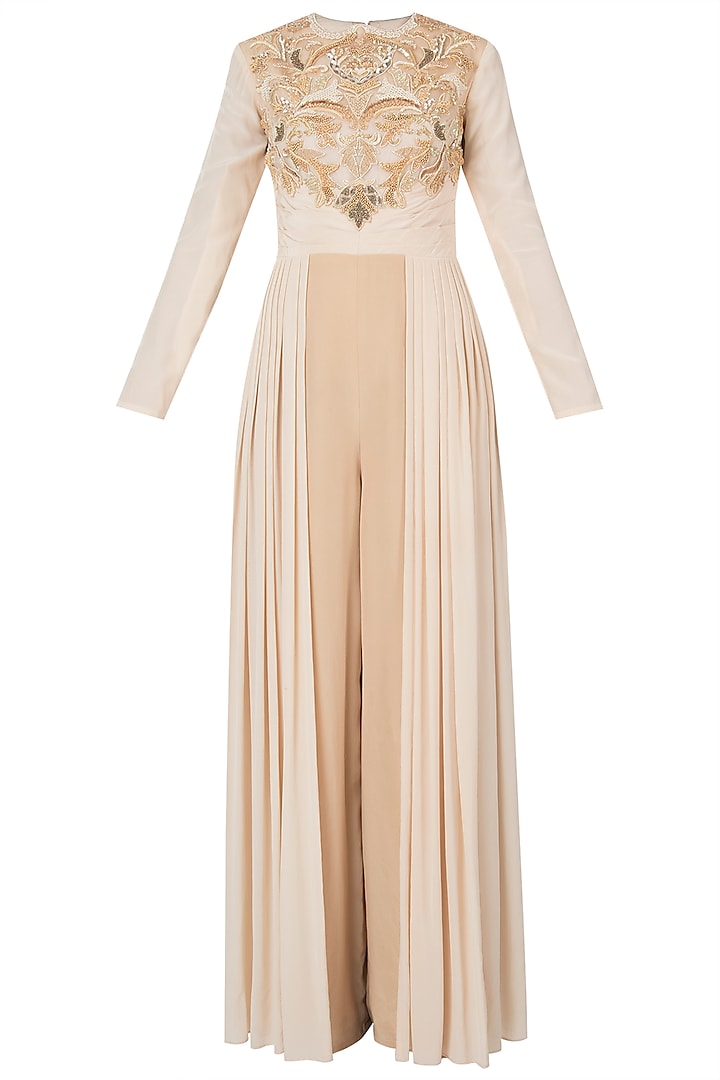 Nude pleated embroidered jumpsuit by Shreya Jalan Mehta