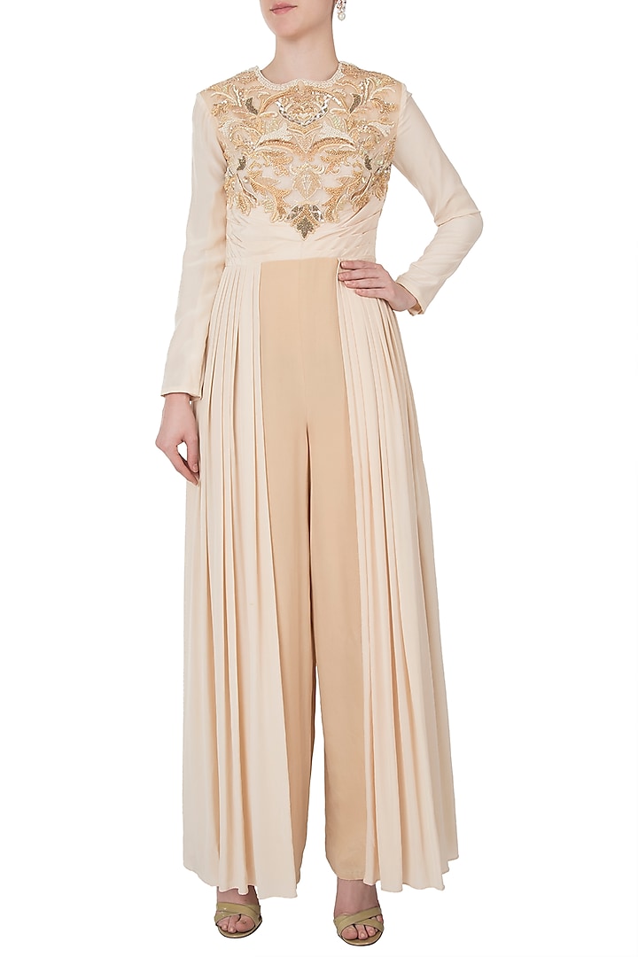 Nude pleated embroidered jumpsuit by Shreya Jalan Mehta at Pernia's Pop Up Shop