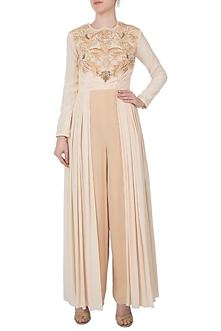 Nude pleated embroidered jumpsuit by Shreya Jalan Mehta
