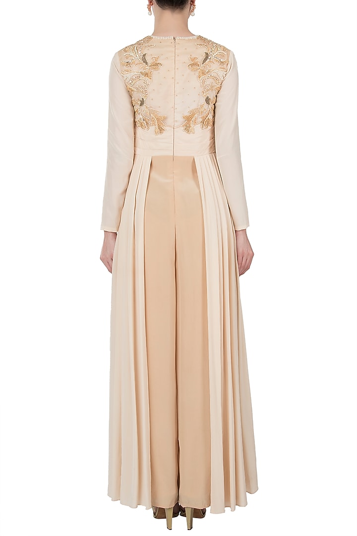 Nude pleated embroidered jumpsuit by Shreya Jalan Mehta at Pernia's Pop Up Shop