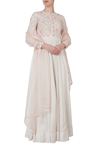 Lace pink embroidered anarkali set by Shreya Jalan Mehta