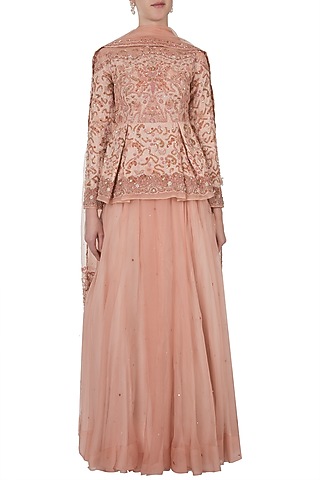 Musk orange embroidered lehenga set by Shreya Jalan Mehta