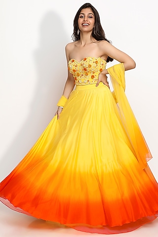 Yellow Lehenga Set With Hand Embroidery by Sanjana Thakur