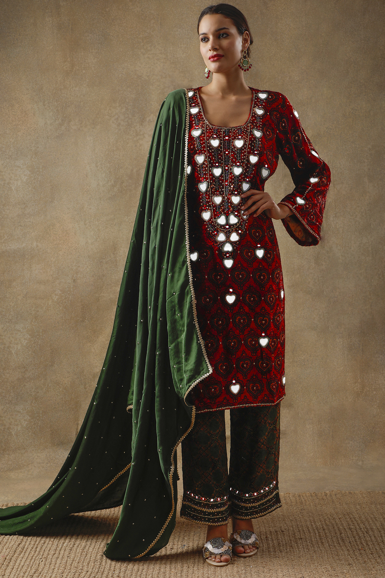 Ruby Red Velvet Resham Embroidered & Printed Kurta Set by Sheeshakari at Pernia's Pop Up Shop