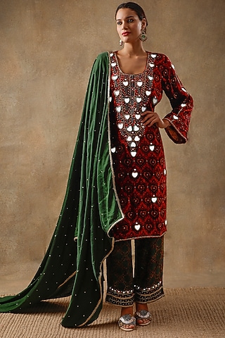 Ruby Red Velvet Resham Embroidered & Printed Kurta Set by Sheeshakari