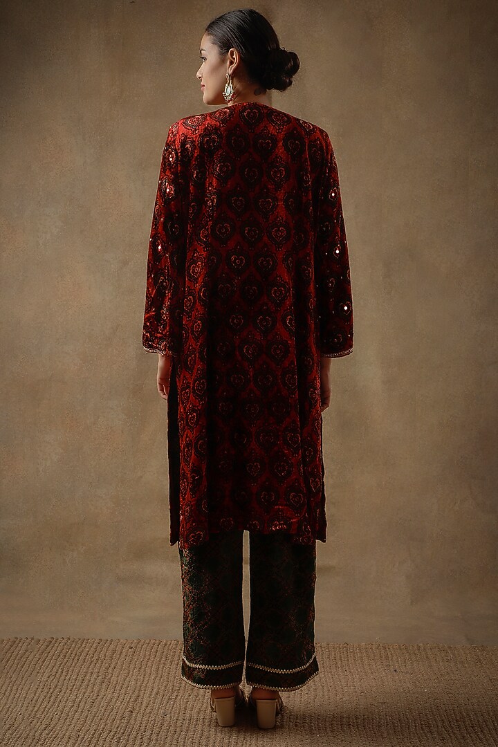 Ruby Red Velvet Resham Embroidered & Printed Kurta Set by Sheeshakari at Pernia's Pop Up Shop